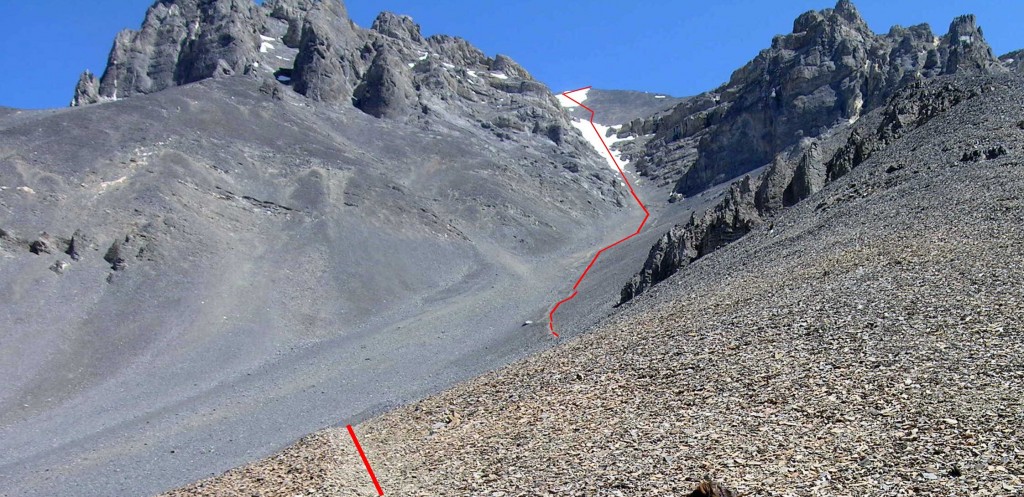 Looking up the Super Gully. Note that in places a trail is developing through the talus. Dan Paulson Photo