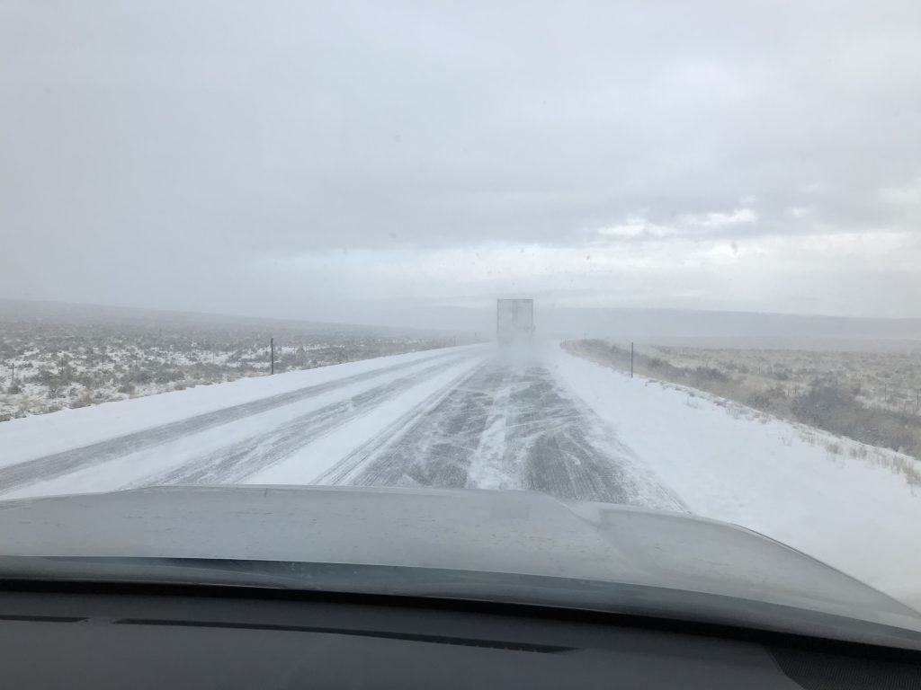 As we drove south winter was engaged in a new offensive. It was snowing hard on the Idaho Nevada border.