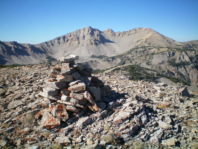 The summit cairn atop Peak 9584 with Mount Jefferson in the background. Livingston Douglas Photo 