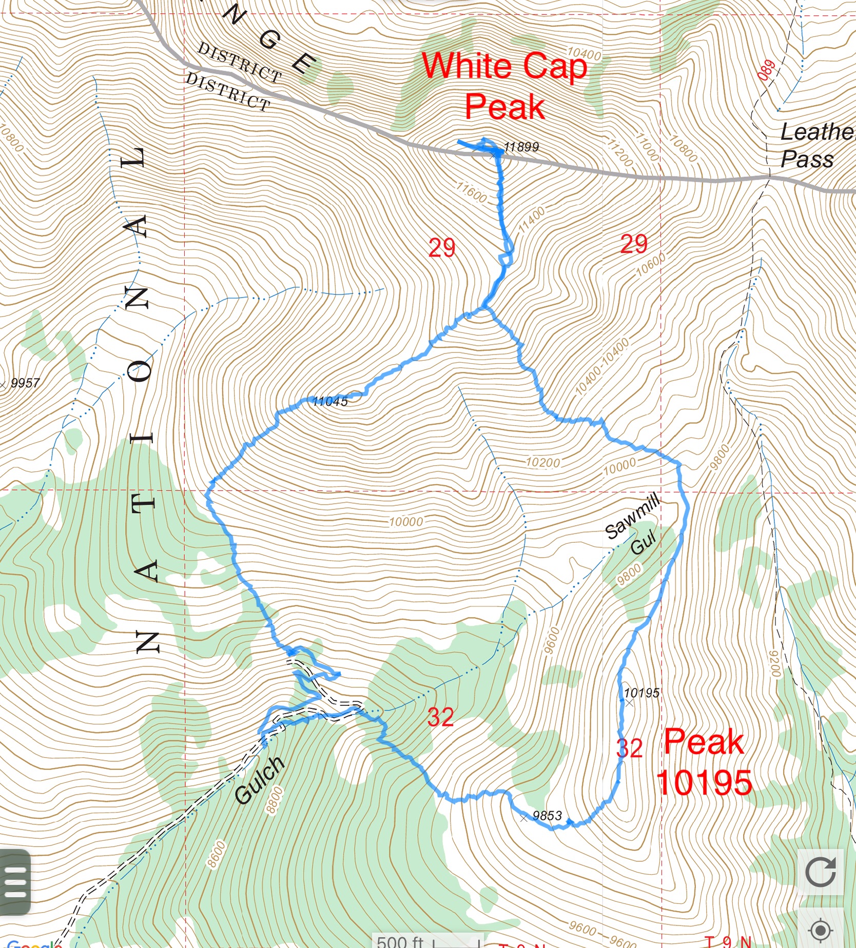 Derek’s GPS track. He ascended the north ridge amd descended the peak’s rounded west rib slopes.
