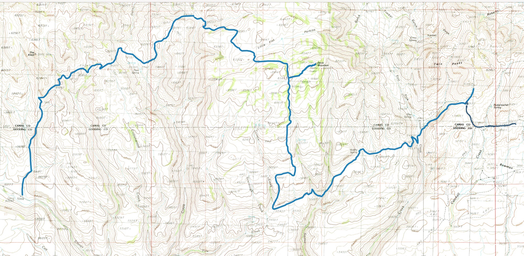 A GPS track for the Davis Mountain Road. This road requires a 4WD with skid plates, all terrain tires and a driver with a lot of patience between the East Fork Clover Creek in the east and the Knob in the west. Bewlare it is a challenging road.