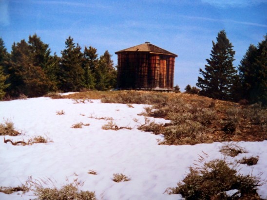 The 20' wooden water tank on the summit. Rick Baugher Photo