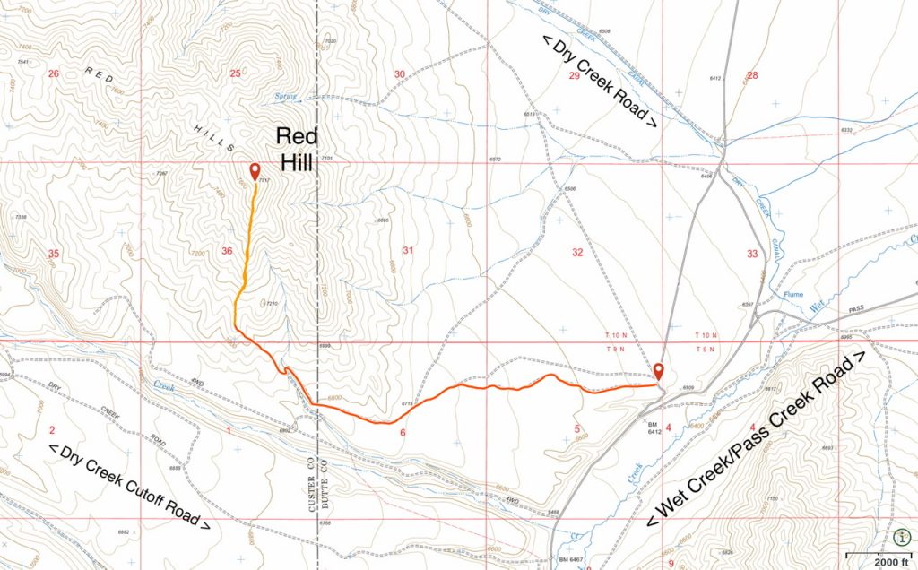 This map shows the most efficient way to reach Red Hill. The red line shows the 4WD road approach. The orange line is my GPS track to the summit.