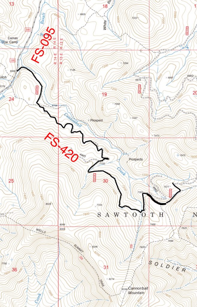 Cannonball Creek Road. The road continues on past the recommended parking spot to the top of the northwest ridge. It is not recommended that you drive this steep, loose section.