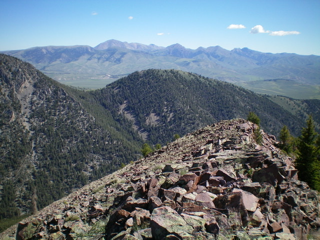 Peak 8773 (mid-ground) and its west ridge (descent route) to the gentle, grassy connecting saddle with Fritz Peak (left of center). Livingston Douglas Photo 
