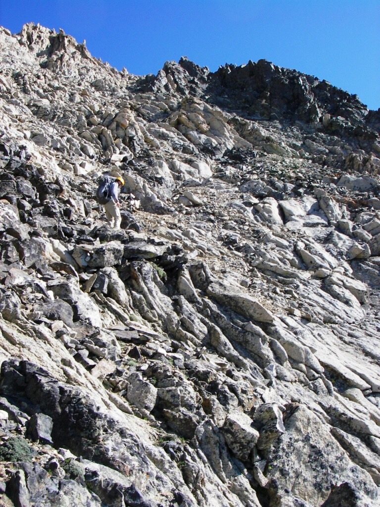 Our rising traverse across the second bowl brought us to the notch just left of the black rock on the skyline. Mostly Class 2 and a little bit of Class 3 getting to the notch. Judi Steciak Photo