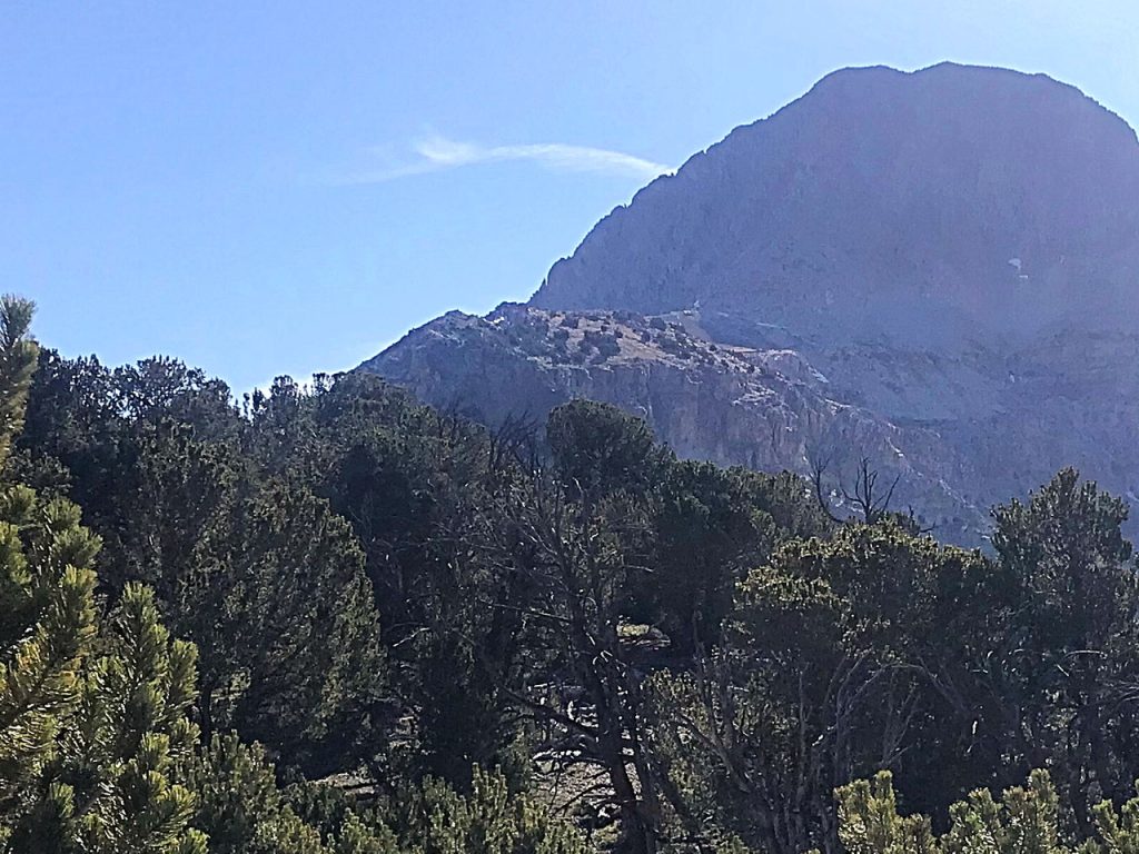 The 500 foot step which blocks the West Ridge is shown in the center of this photo. Bypass the step on its north side by scrambling up a short rock section and then climbing steep grass covered slopes to the ridge top.