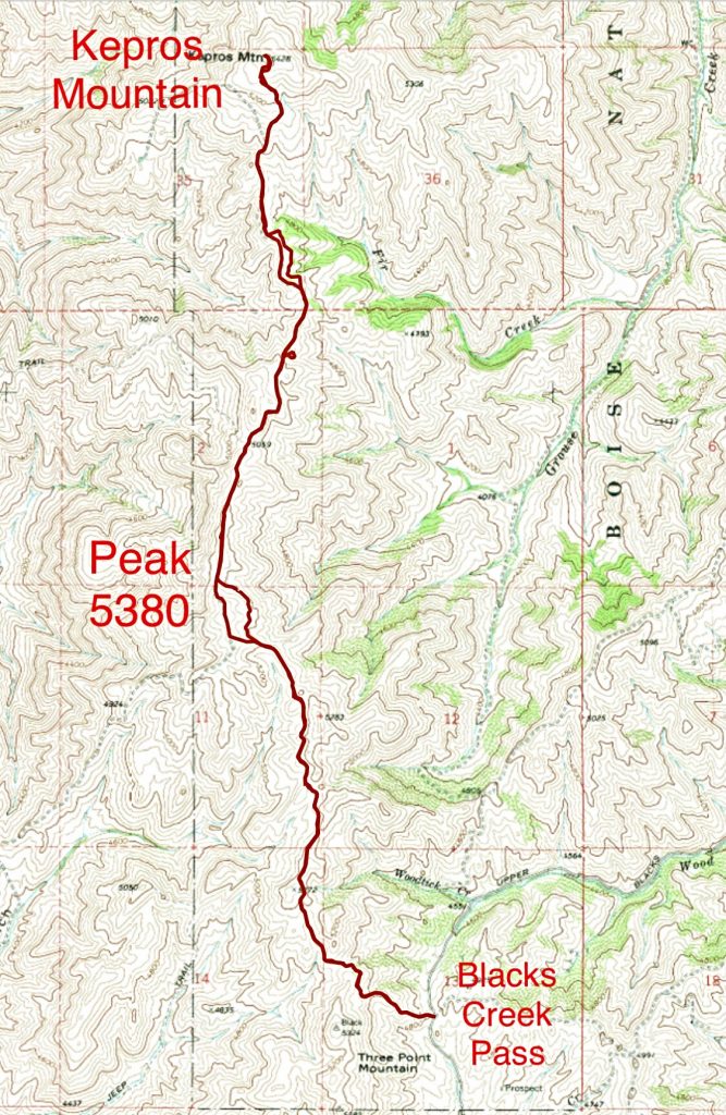 My GPS track for 2019 ascent of Peak 5380 and Kerpos covered 9.6 miles and 1,505 gain round trip.