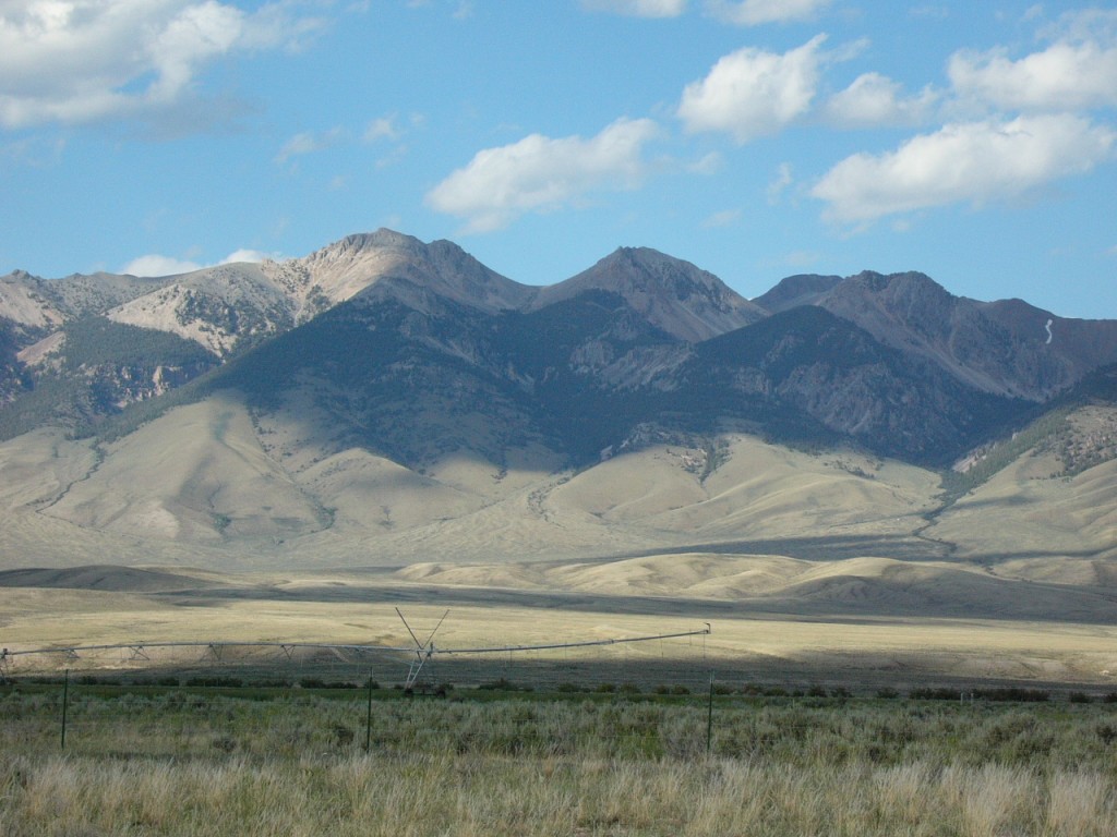 Nicholson Peak on the left and Peak 10965 from the Lemhi River valley floor.