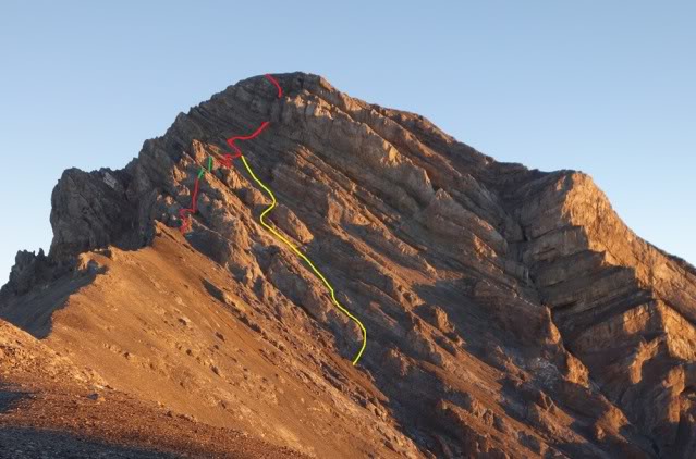 Looking back at Leatherman from the Badrock saddle. Yellow hikers route, red- is mine, green rappels.