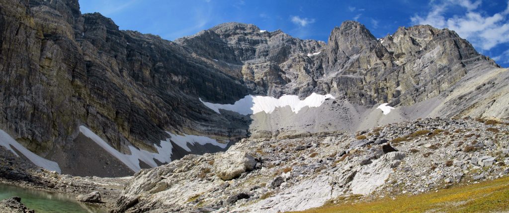 The East Face cirque. From left to right on the skyline, the East Ridge, East Face, Northwest Ridge (Super Buttress), and Upper East Ridge. Photo by Bob Boyles