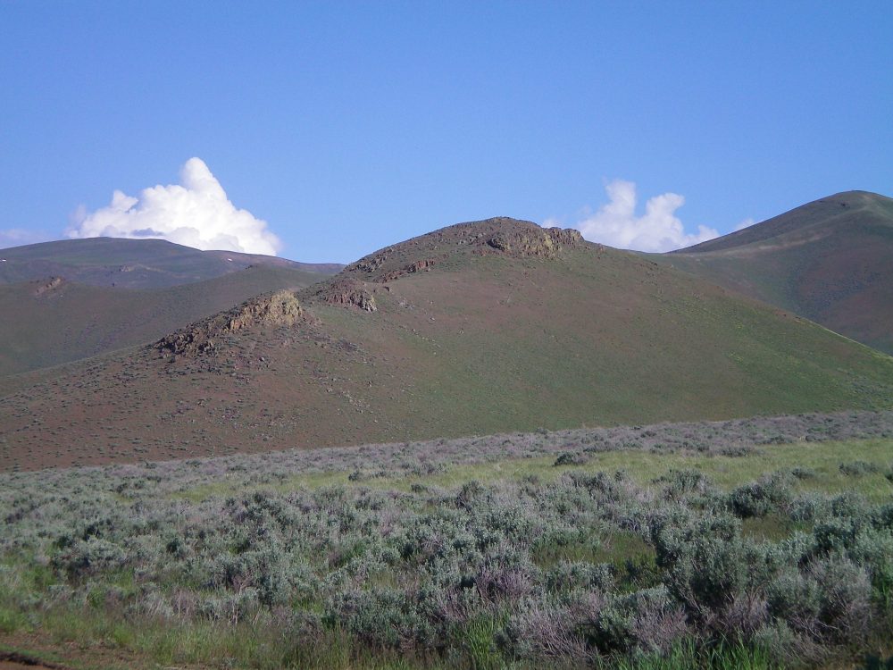 Peak 5764 viewed from the southeast. The South Ridge goes from the lower left to the middle of the photo, which is the summit. Notice the rocky outcrops on the lower section of the South Ridge. Livingston Douglas Photo 