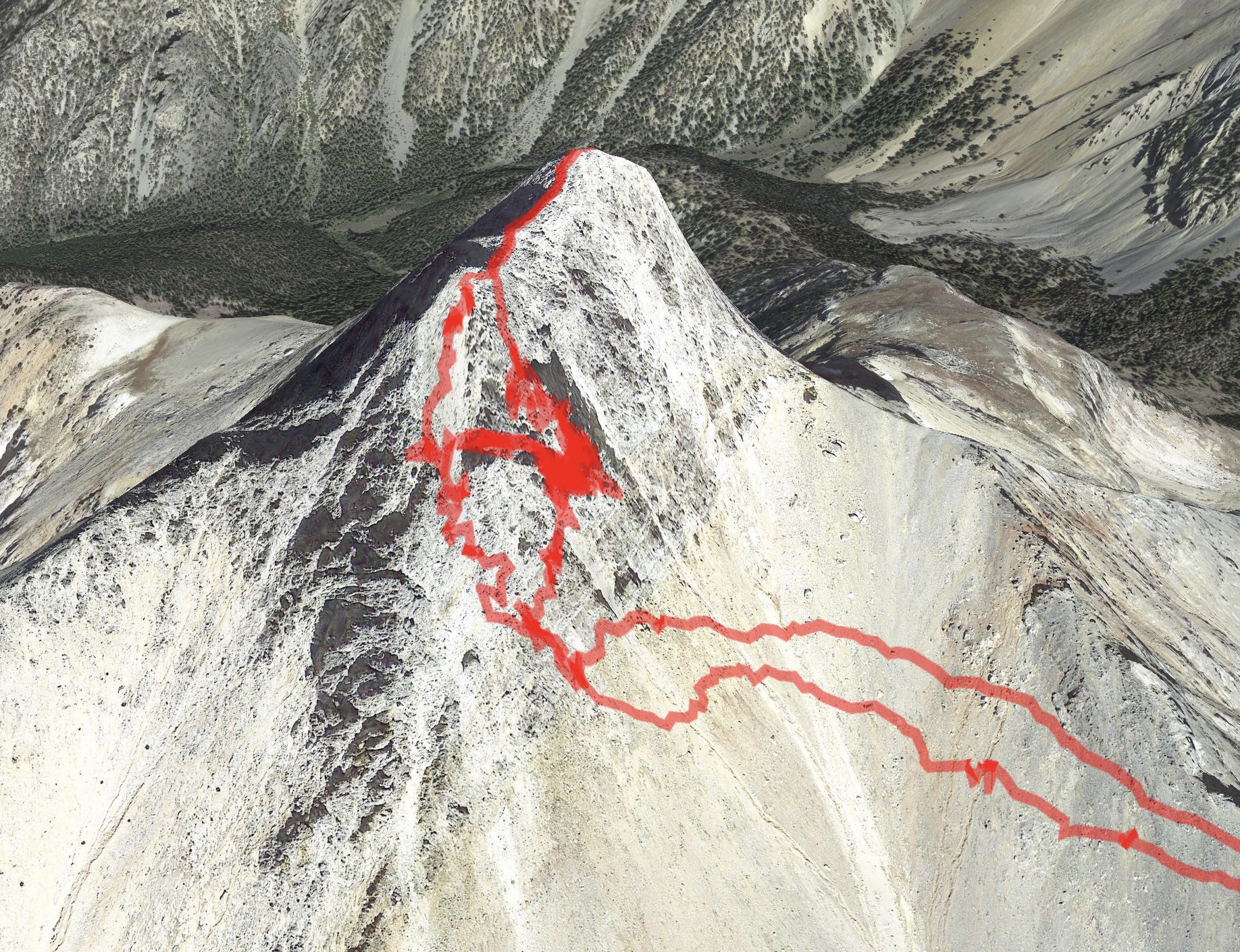 The GPS track superimposed on a Google Map image. The Class 4 ascent route is the higher line.