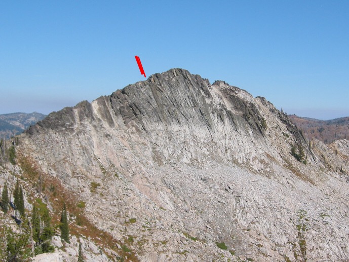 Slab Butte viewed from the southeast. The top of the Das Buch route is marked. John Platt Photo 