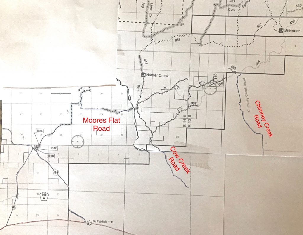 The Boise National Forest maps cover the Moores Flat area. The Sawtooth National Forest covers the Cow Creek and Chimney Creek roads. This composite was made from 2019 maps. Be aware that access restrictions may change over time.