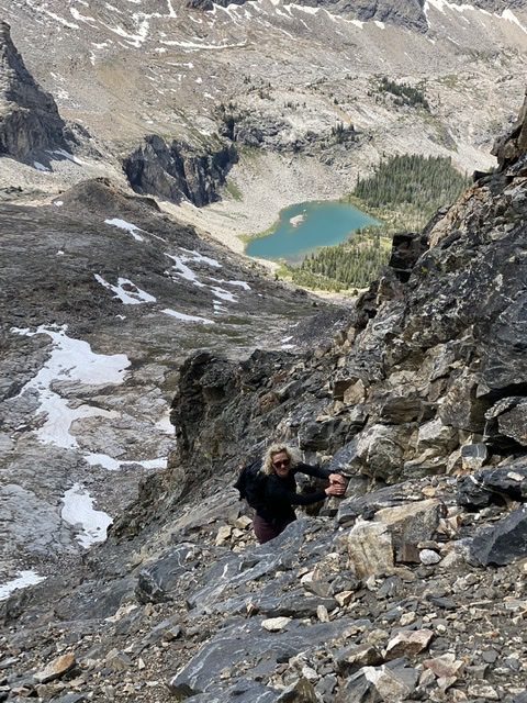 Danielle Percoski climbing the west face. Kane Lake in the background. Derek Percoski Photo