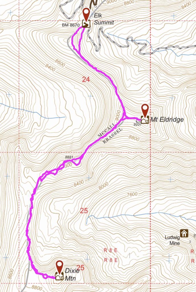 My GPS track for the route to Mount Eldridge and Dixie Mountain.