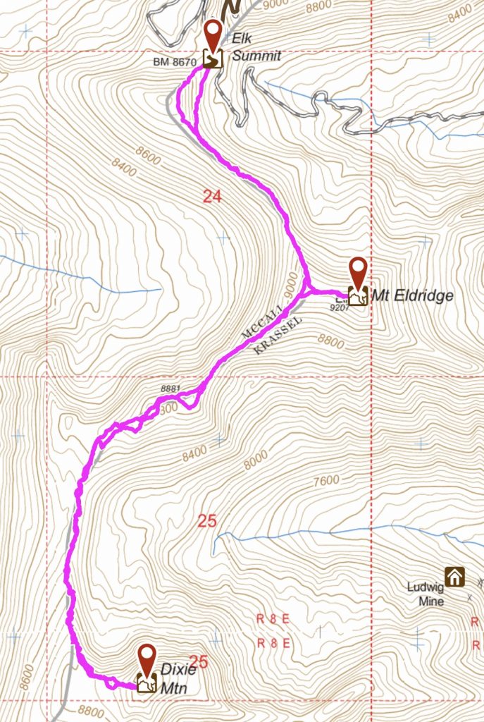 My GPS track for the route to Mount Eldridge and Dixie Mountain.