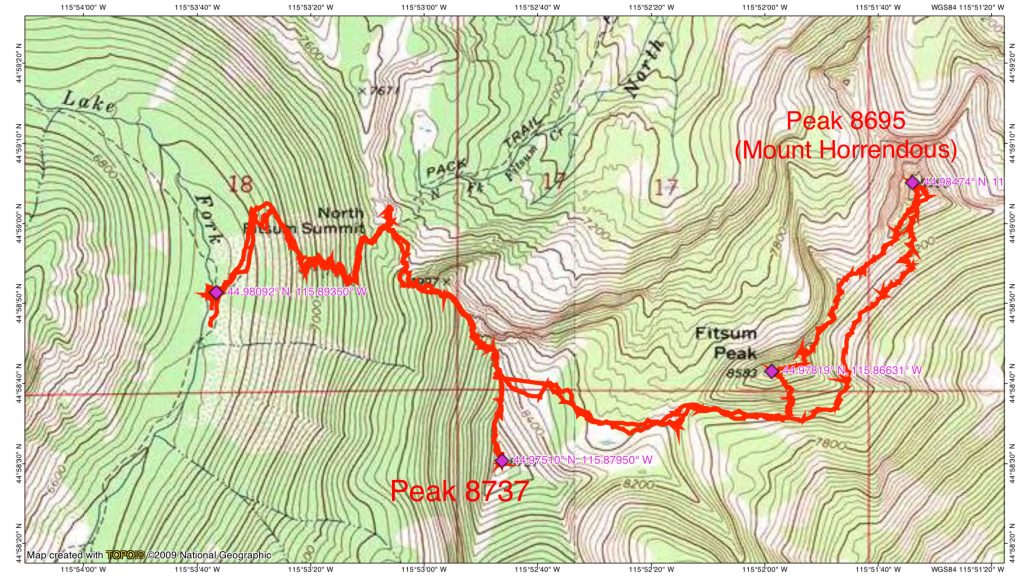 John Platt’s GPS track for climbing Mount Horrendous, Fitsum Peak and Peak 8737. This,route covered two days, 8.7 miles and 4,000 feet of gain.