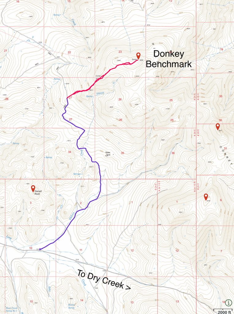 The 4WD road is shown in Blue and the hike in red.