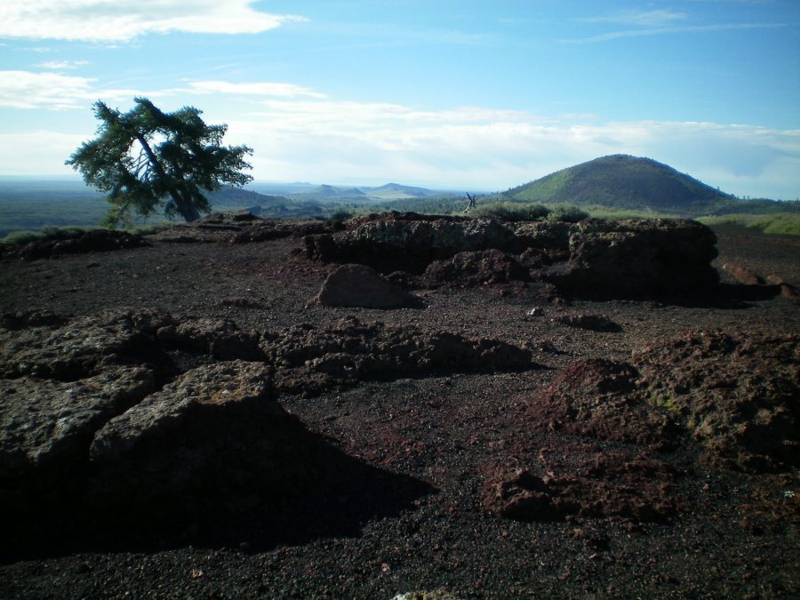 The summit area of Inferno Cone. Note the large lava boulders and nearby pine tree. Big Cinder Butte is in the background. Livingston Douglas Photo