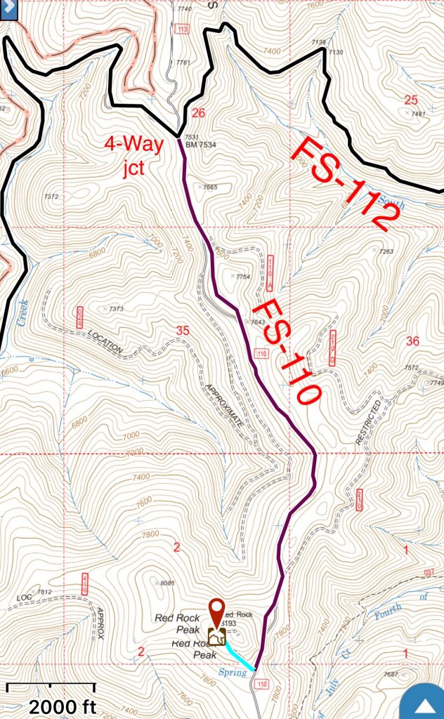 My GPS track from the four way junction to the summit. FS-112 is fairly descent road. The unnumbered road is a 4WD road but was blocked by a tree.