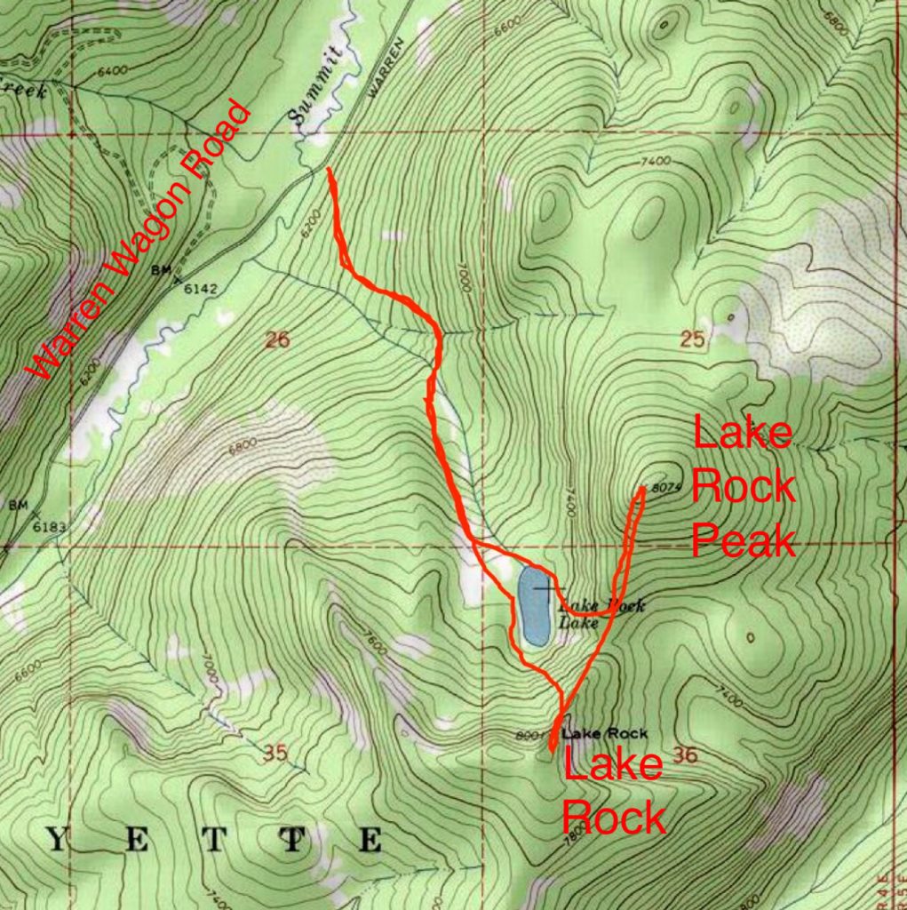 John Platt’s GPS track for Lake Rock and Lake Rock Peak. Climbing both peaks involved 5.0 miles of hiking with 2,285 feet of gain.