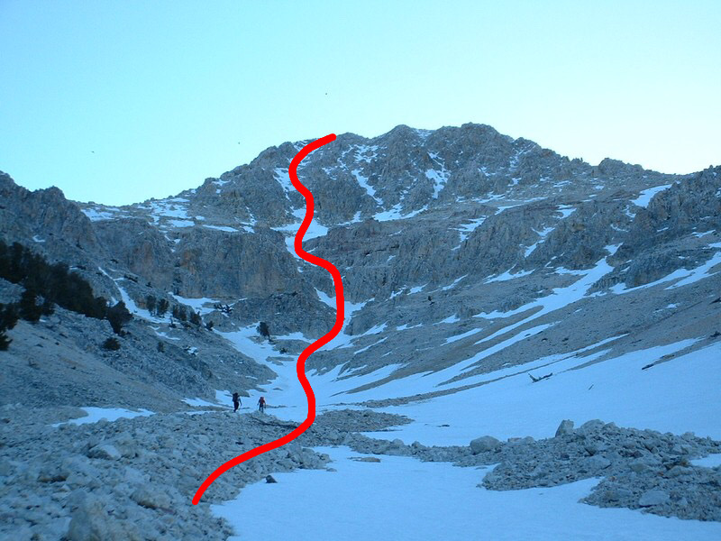 The route to the summit is shown in red. There are two choke points which must be overcome.