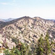 This is the gentle south side of Indian Peak. The ridge running north is basically as high as the high point. The view is from Rocky Peak. July 2007 Mike Hays Photo