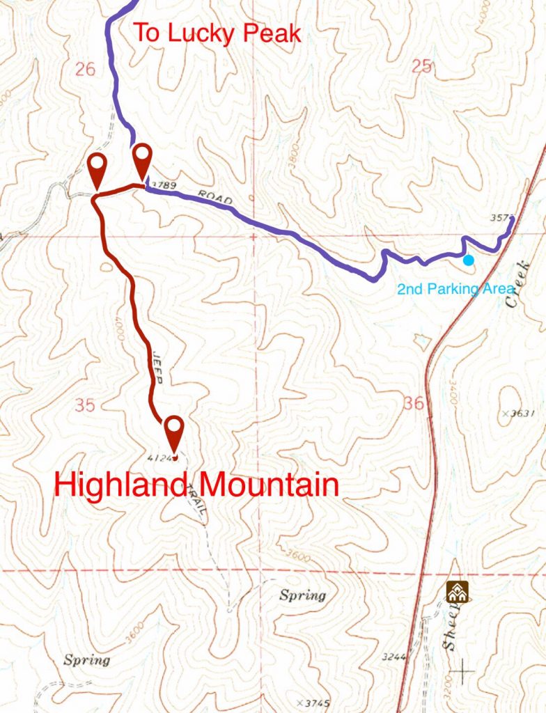 The route to the summit utilizes the Highland Valley Road (blue) for the first 1.3 miles and then an old 4WD road closed to mechanical contraptions for the last mile. 