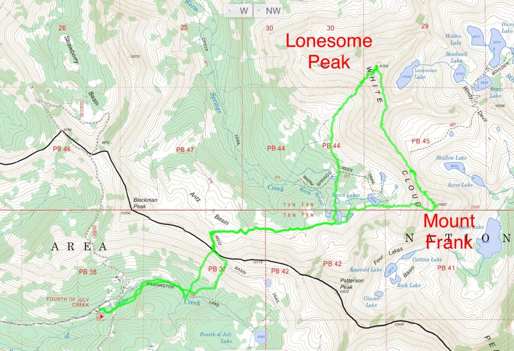 Derek’s GPS Track for Lonesome Peak amd Mount Frank. This trek clocked in at 12.4 miles with over 10,000 feet of gain.