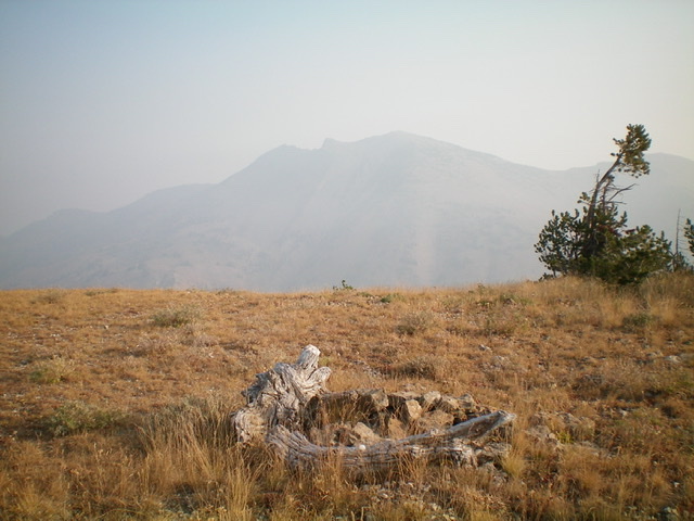 The summit cairn atop Reas Peak with Mount Jefferson in the background on a VERY HAZY morning. Livingston Douglas Photo 