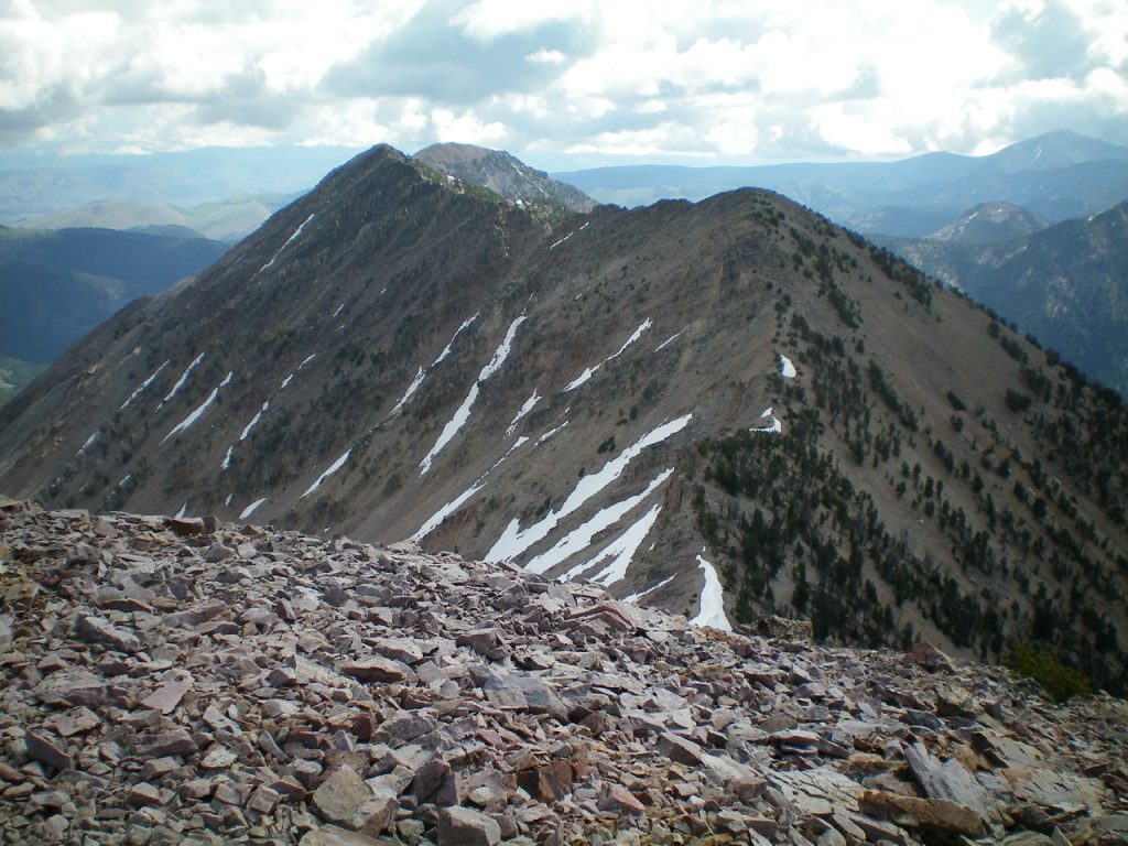 Peak 10310 (left of center) and Point 10245 (right of center) as viewed from the summit of Peak 10349. Livingston Douglas Photo