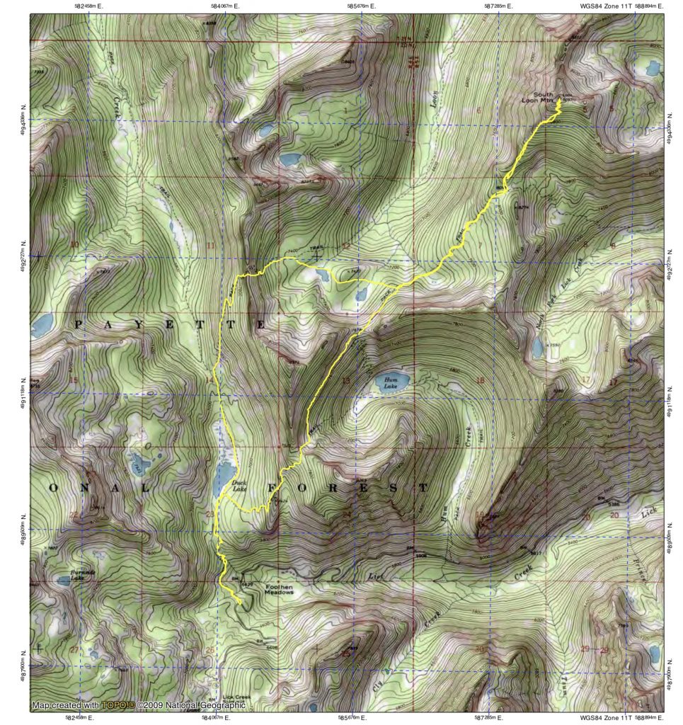 Our loop followed this track clockwise. On tue return trip bushwhacked between the two passes above Hum Lake. Total distance was 13.5 miles with 4,600 feet of elevation gain.