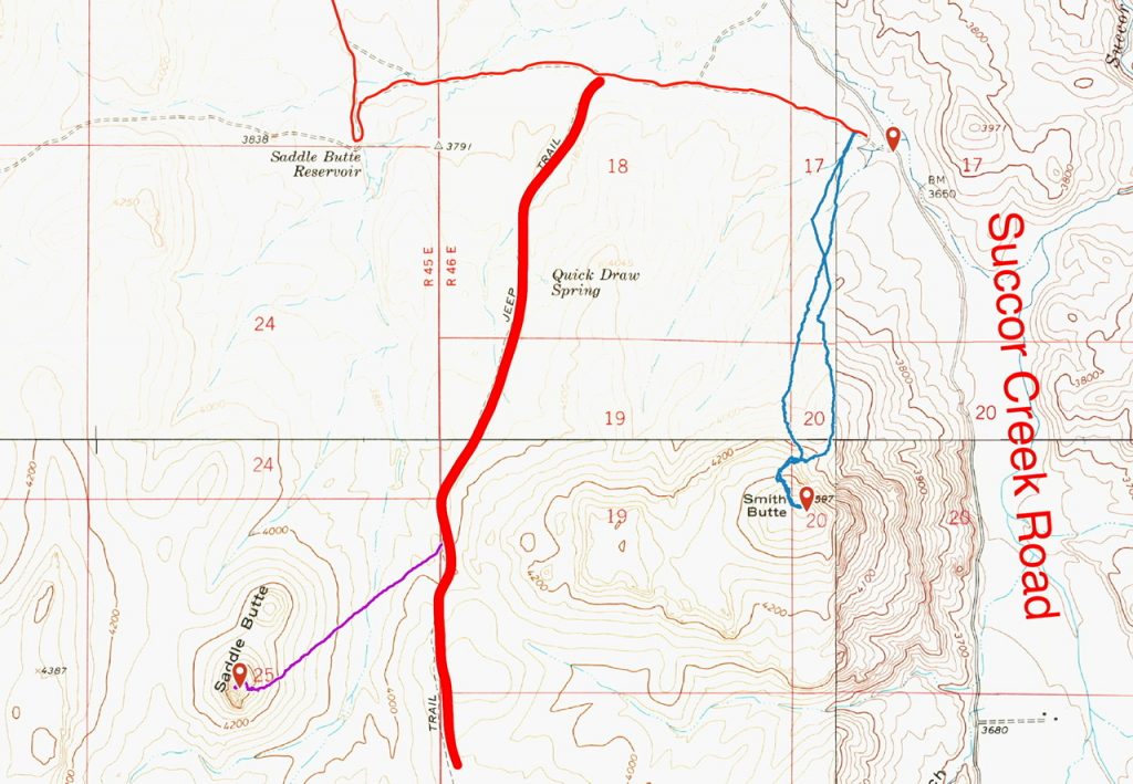 My GPS track in purple for the ascent of Saddle Butte. The climb encompassed 1.5 miles with 700 feet of elevation gain round trip.
