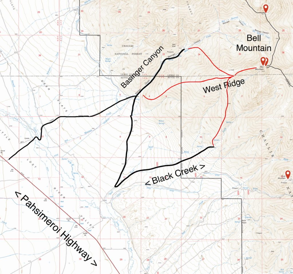 The Little Lost River Valley bottom lands between the Pahsimeroi Highway and the alluvial fans leading up to Bell Mountain are mostly private. As a result, the there is no direct access from the highway to Black Creek.