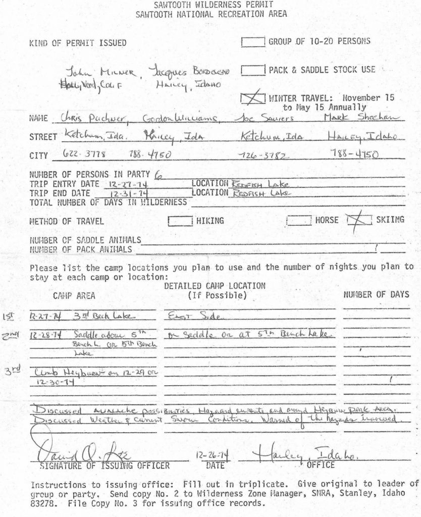 This is the Wilderness Permit issued to the climbers. Note the signature is David O. Lee, the long time backcountry ranger for the Sawtooths. A White Cloud Peak is named after him.