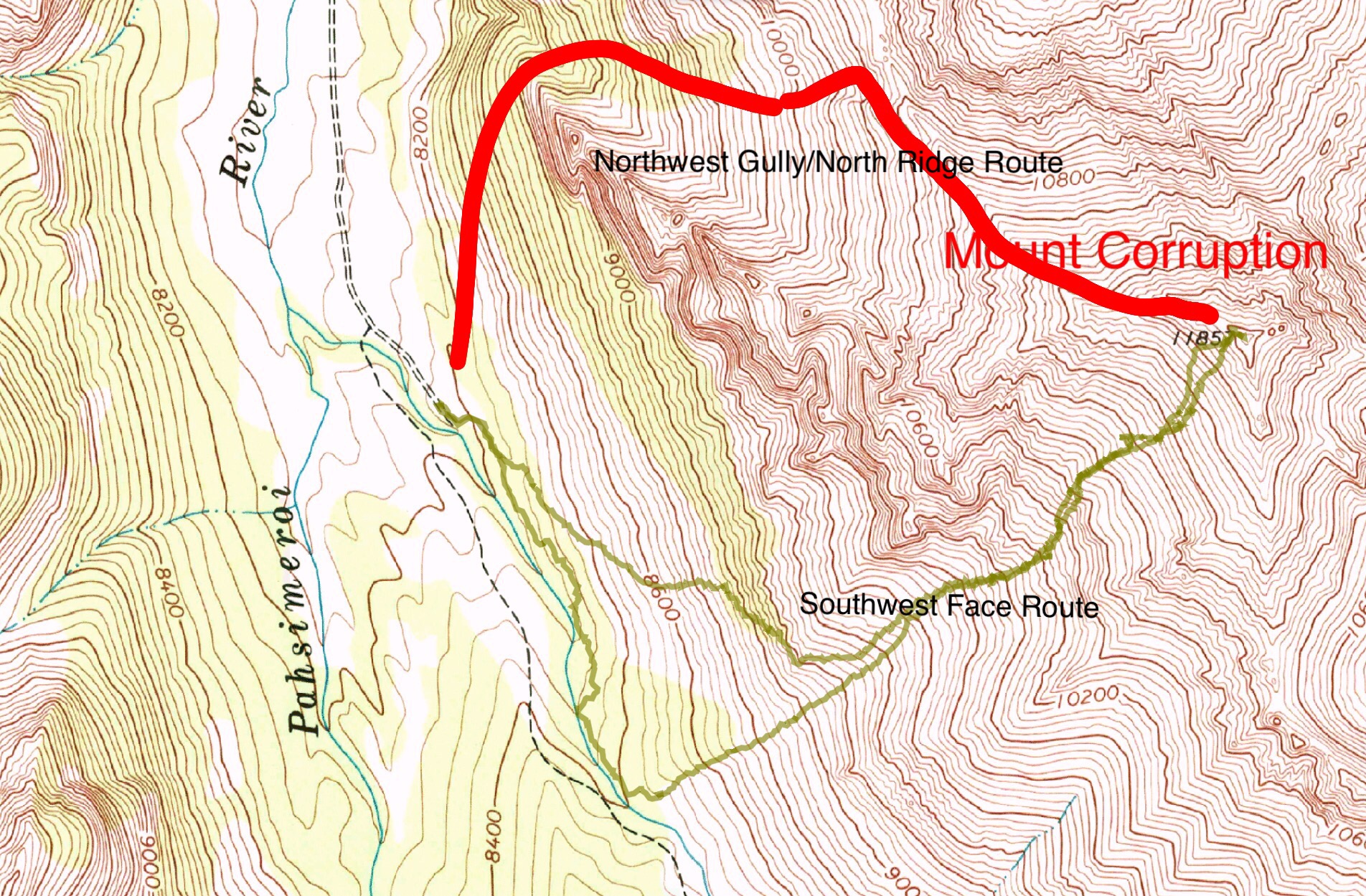 The green line is Brett Sergenian’s GPS track for the Southwest Face Route. The redline is the approximate line of Northwest Gully/North Ridge route.