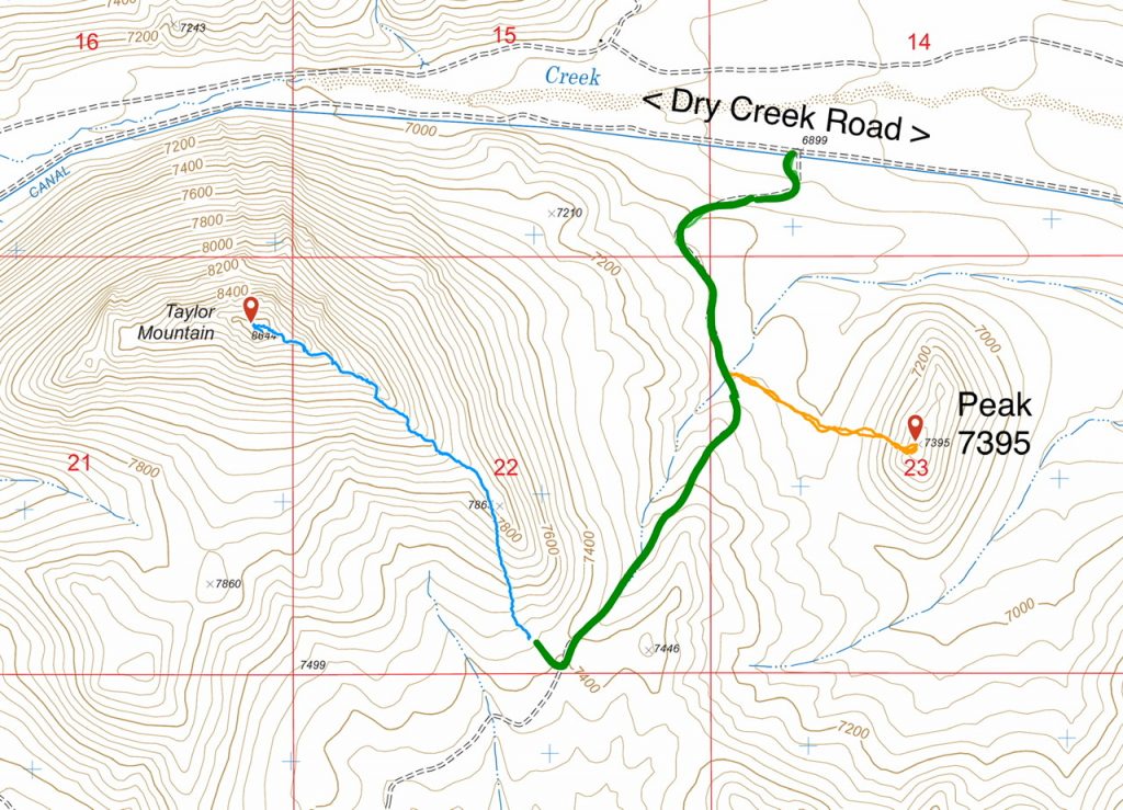 This map shows routes to Taylor Mountain and Peak 7395. The green line is the 4WD road.