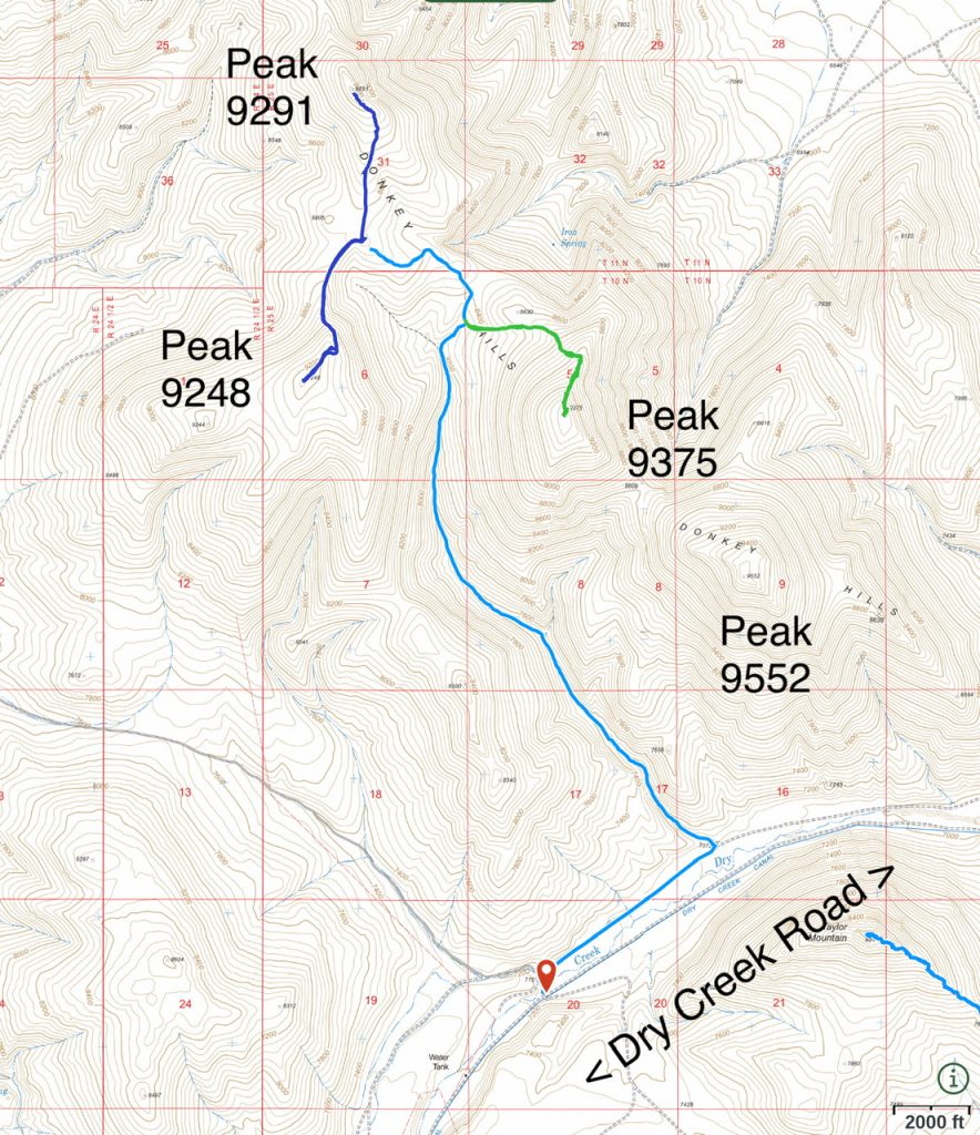 Southern Donkey Hills access. The 4WD road is shown in light blue.