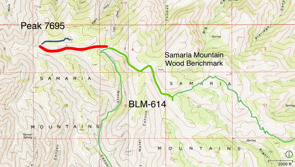 The red line is a 4WD road that leads from BLM-614 to the west ridge of Peak 7695. The blue line shows the three minute walk to the summit.