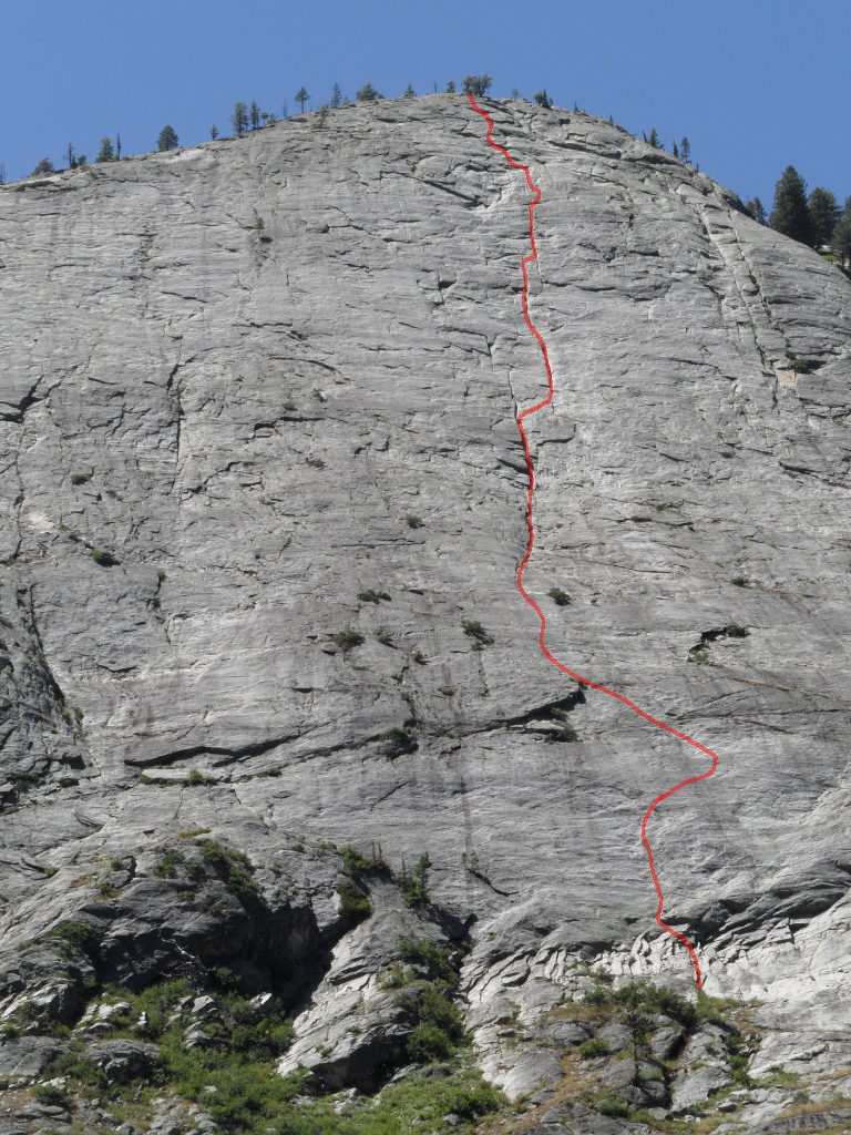 There are many possible variations use to climb the 3 Cracks Route. This photo shows the general line. Ot is a general guide and not a rule. John Platt Photo