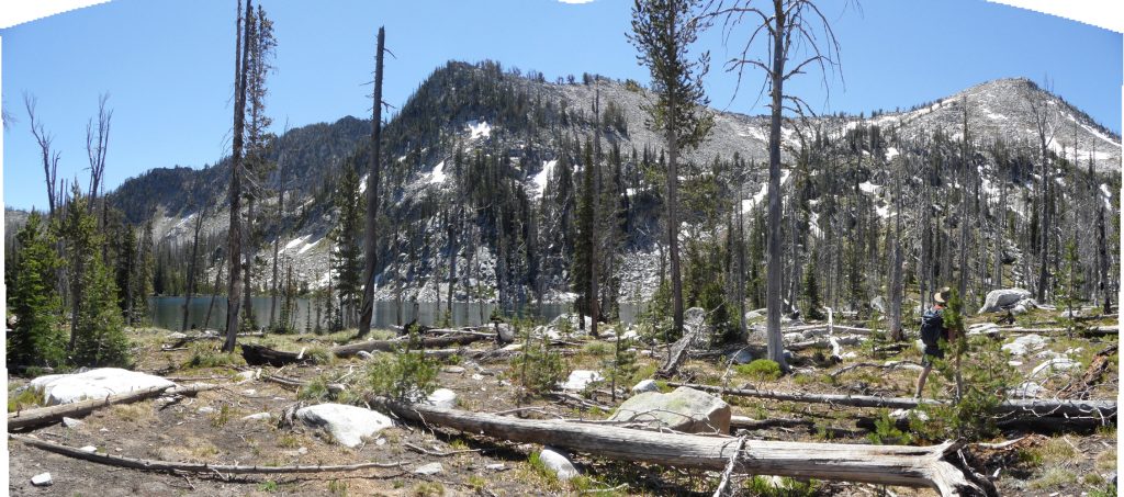 Looking toward Peak 8808 from South Lake. The route climbs the gully on the right side of the photo into the bowl. John Platt Photo