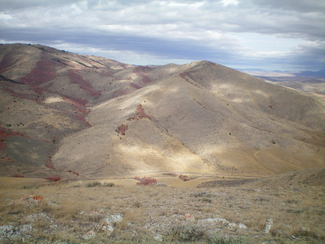 Peak 6620 (right of center), its south ridge (coming at the camera), and Stump Canyon (left of center) as viewed from the south. North Canyon Road is visible at the bottom of the photo. Livingston Douglas Photo