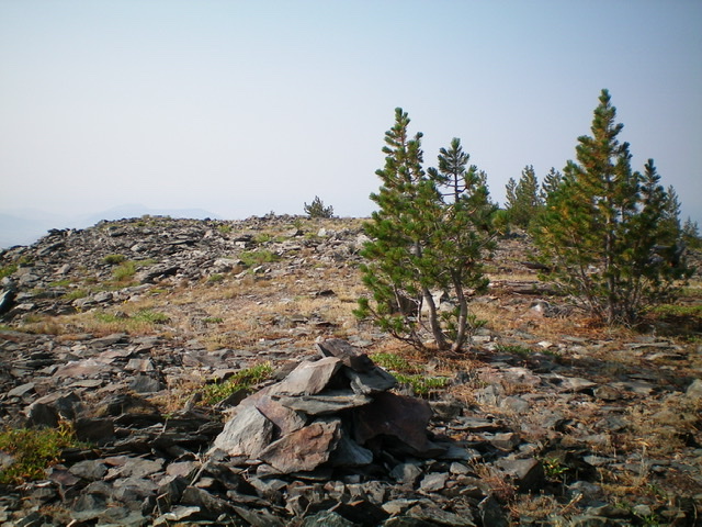 The newly-built summit cairn and summit area atop Peak 9580. Livingston Douglas Photo 