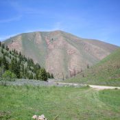 The South Face of Peak 7392 as viewed from the floor of Sharps Canyon. The South Shoulder descent route is dead-center, just right of a massive gully. It is a treacherously steep, loose descent. Livingston Douglas Photo