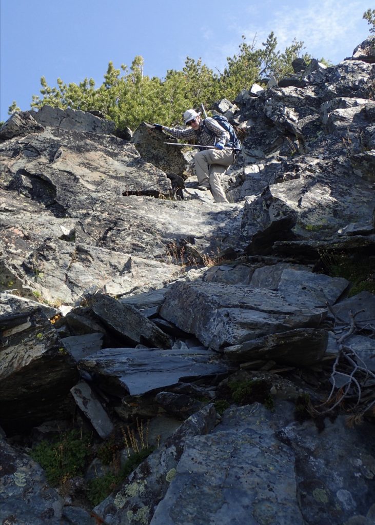 The ledges in the broad chimney at the base of the summit ridge (picture taken on descent) that marks the start of scrambling. Judi Steciak Photo 