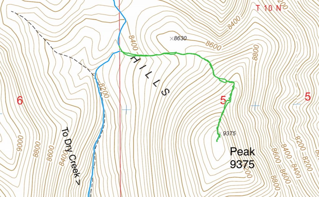 My GPS track in green. This route covers 2.0 miles with 900 feet of gain round trip.