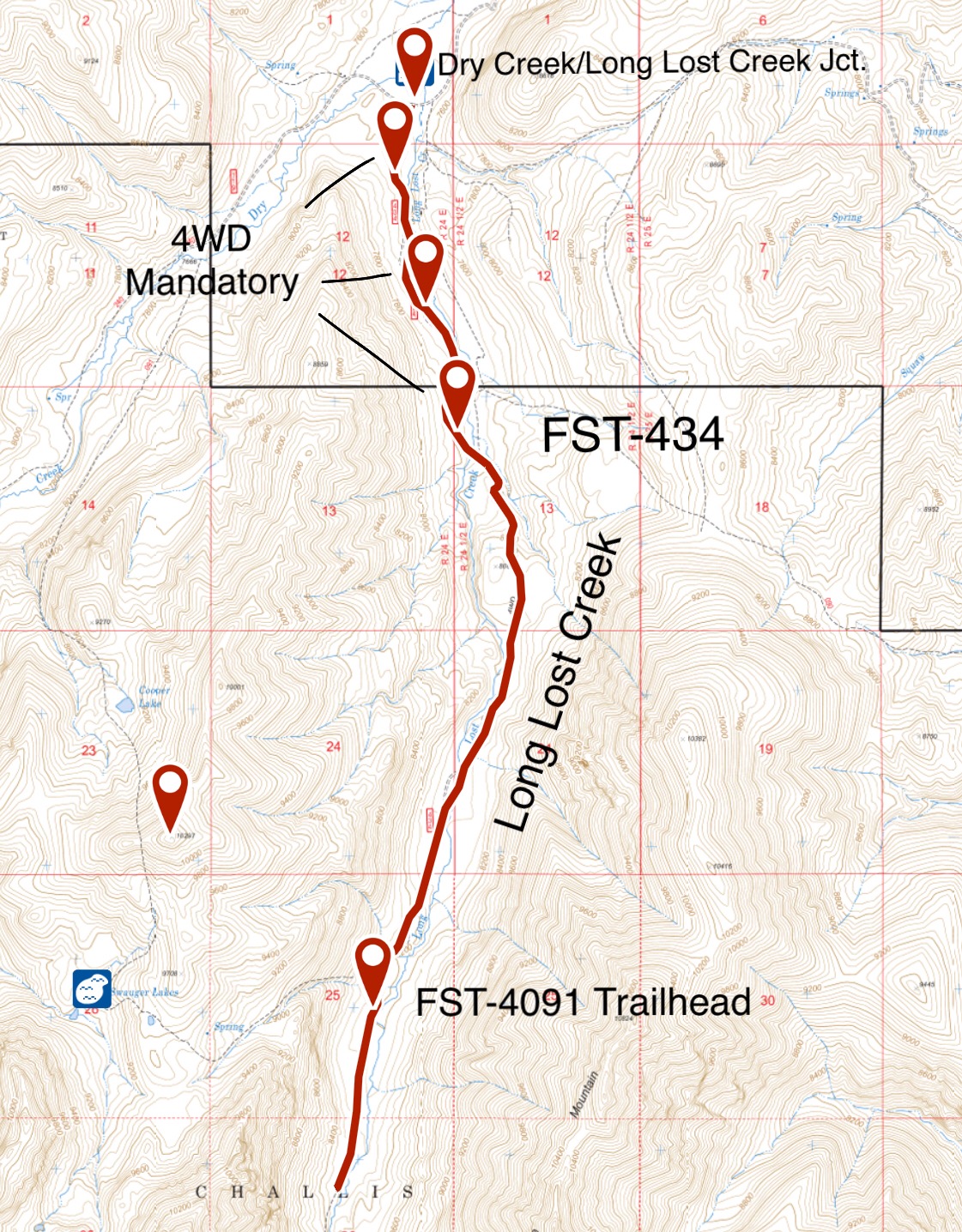 From the junction of the Dry Creek Road and the Long Lost Road FS-434 wanders 4.9 miles up Long Lost Creek. 