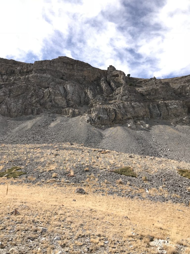 My descent route came down the middle of this photo. There is another set of cliffs above those shown. Until I reached the talus at the bottom I thought the odds were not in my favor. Fortunately, I did not have to climb all the way back up to the southeast ridge.